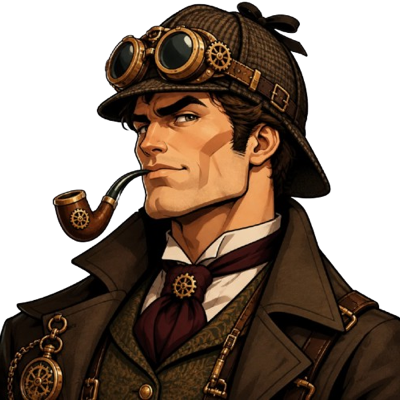 The narrator, a detective in a deerstalker with brass goggles and a pipe